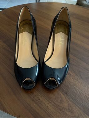 Cole Haan Black Patent Peep-Toe Heels